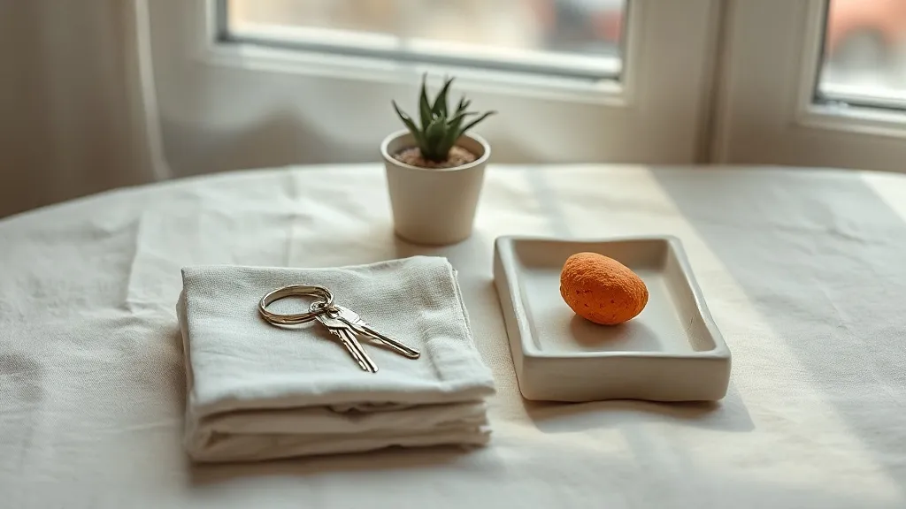 A set of keys on a ring resting on a folded cloth beside a small potted plant and a ceramic tray holding one stone.