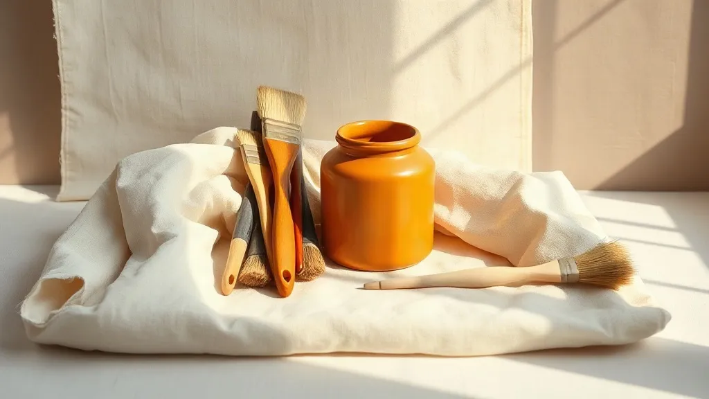 A small bundle of paint brushes and a folded canvas drop cloth beside a burnt orange ceramic jar on a linen surface.