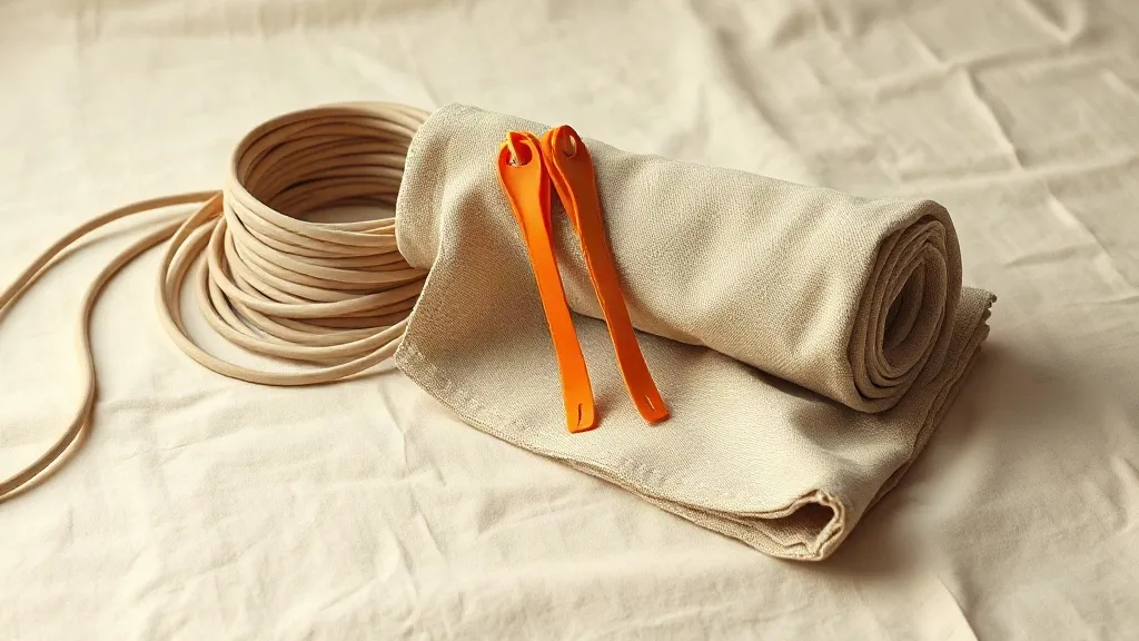 A canvas tool roll and a coil of cable sit beside a folded drop cloth on a linen surface, with a length of orange cable ties resting on top.