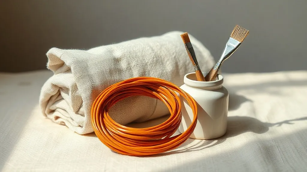 A coiled cable beside a folded canvas drop cloth and a ceramic jar holding two paint brushes.