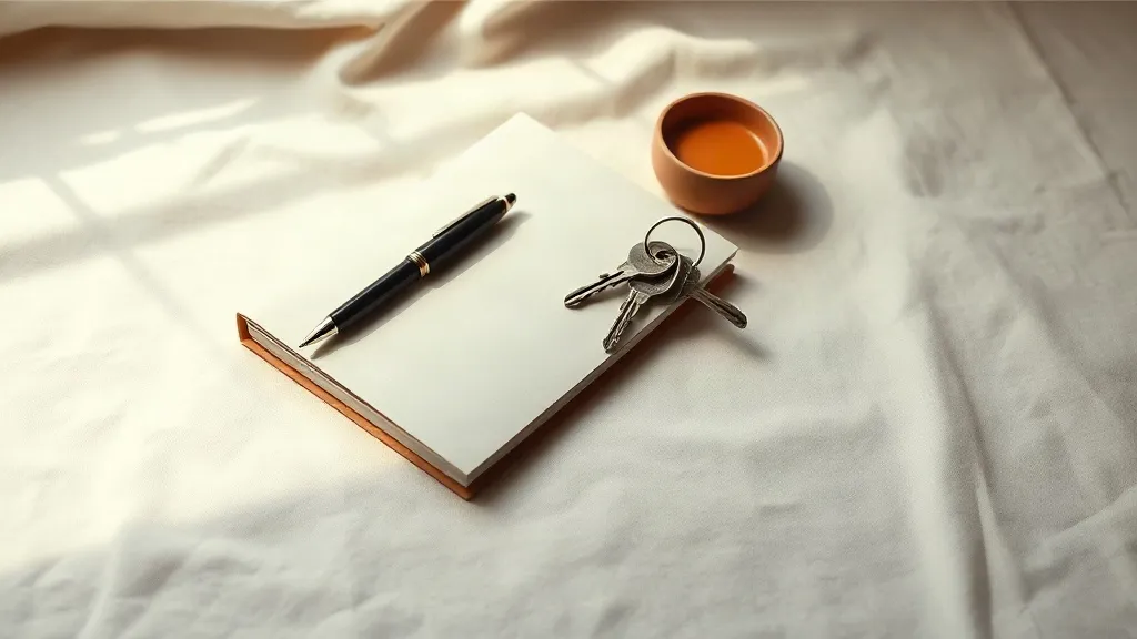 A fountain pen resting on a closed folder beside a set of keys and a small ceramic tray on a linen surface.