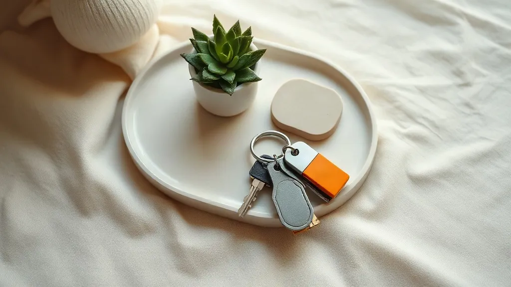 A set of keys with a small orange ceramic tag rests on a plain ceramic tray beside a potted plant on a linen surface.