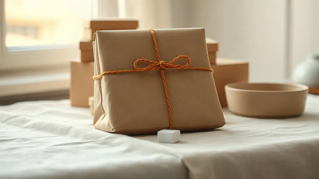 A plain kraft parcel tied with cotton string, resting beside a small stack of unmarked boxes and a ceramic dish.