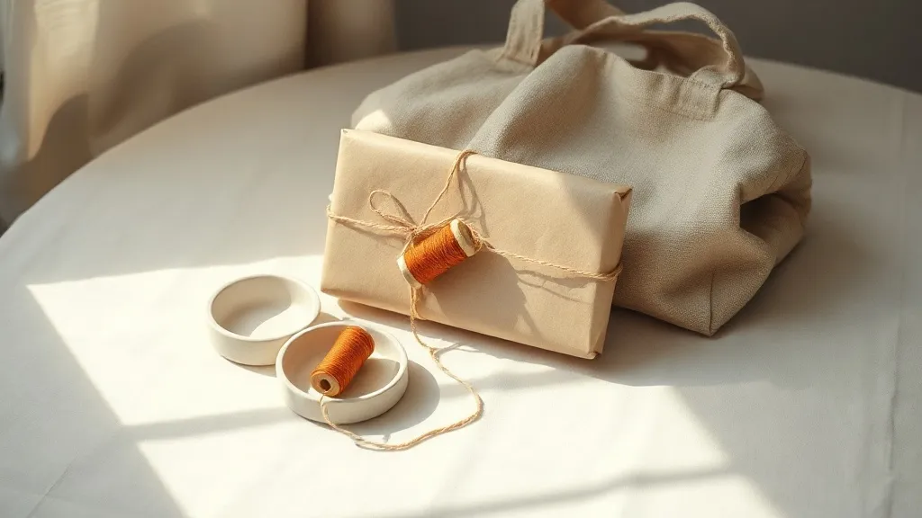 A kraft paper parcel tied with cotton string beside a ceramic dish holding an orange thread spool and a folded fabric tote.