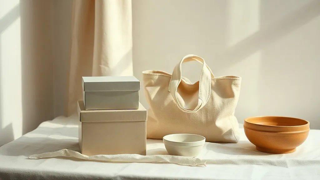 Stacked plain boxes beside a fabric tote and a ceramic dish on a linen surface.