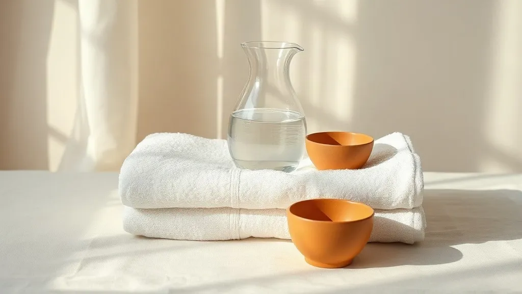 A folded white towel, a glass carafe of water and a small burnt orange ceramic bowl arranged on a warm linen surface.