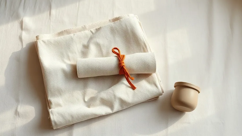 A rolled canvas tool roll tied with orange cord rests beside a folded drop cloth and a plain ceramic jar on a linen surface.
