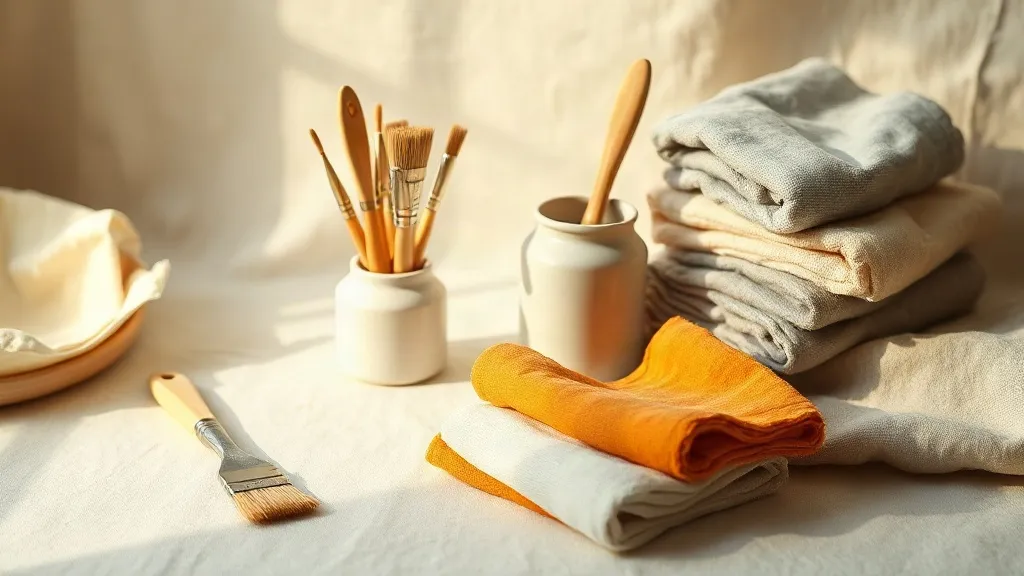 A set of paint brushes and folded fabric swatches sit beside a plain ceramic jar, with one orange swatch among the neutral ones.