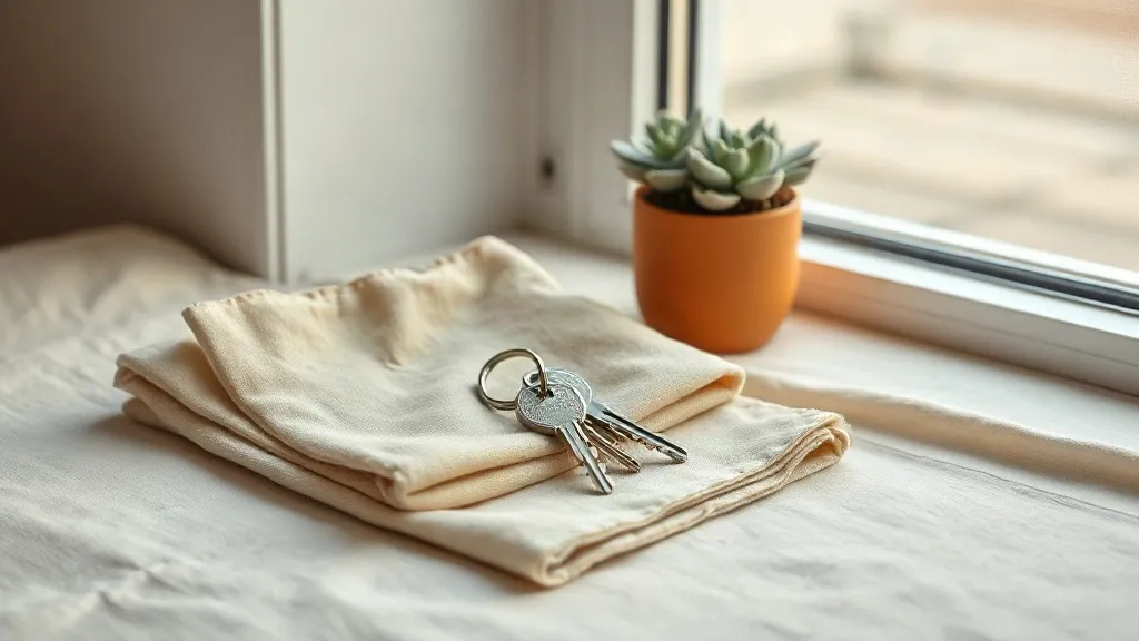 A set of keys on a ring resting on a folded cloth beside a small potted plant on a window sill.