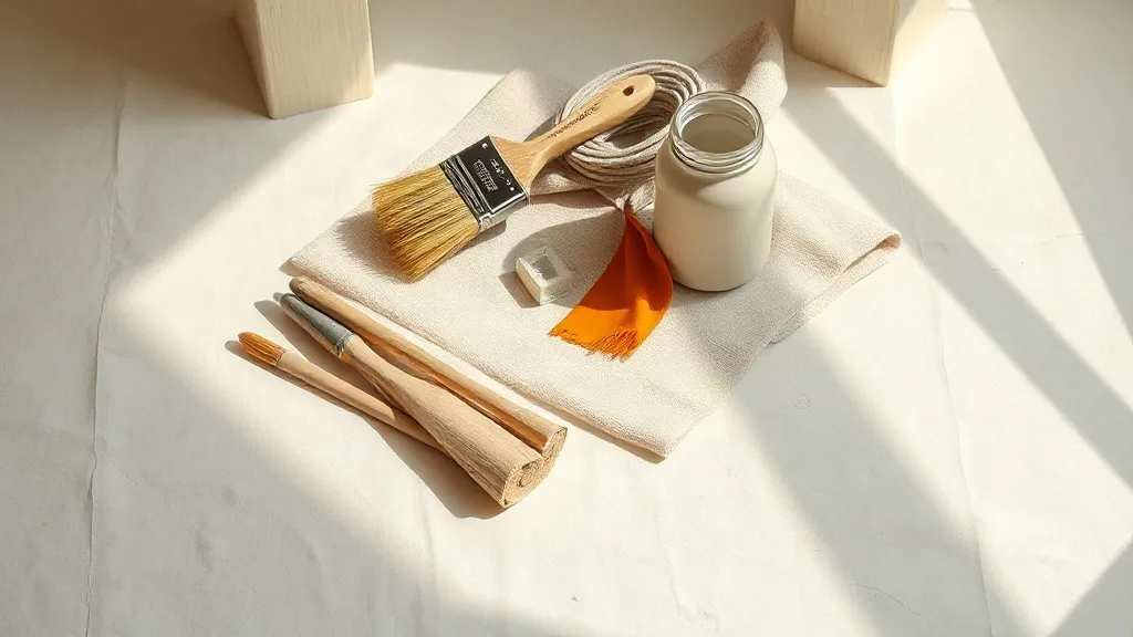 Paint brushes resting on a folded drop cloth beside a coiled cable and a ceramic jar holding an orange fabric swatch on a linen surface.