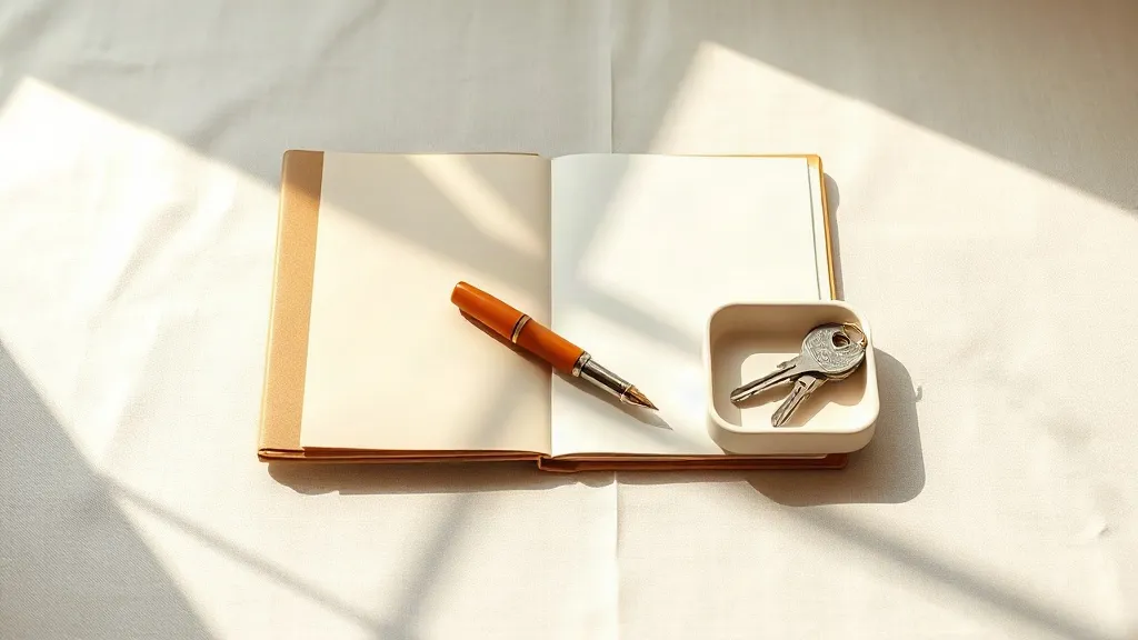 A closed folder on a linen surface with a burnt orange fountain pen resting across it, beside a small ceramic tray holding a set of keys.