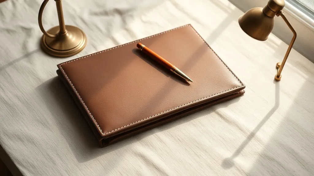 A closed leather folder with a burnt orange fountain pen resting on it beside a small desk lamp.