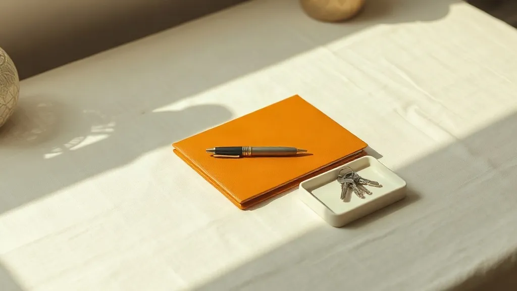 A photograph of a burnt orange folder with a fountain pen resting on it, beside a small ceramic tray holding a set of keys, on a linen surface.