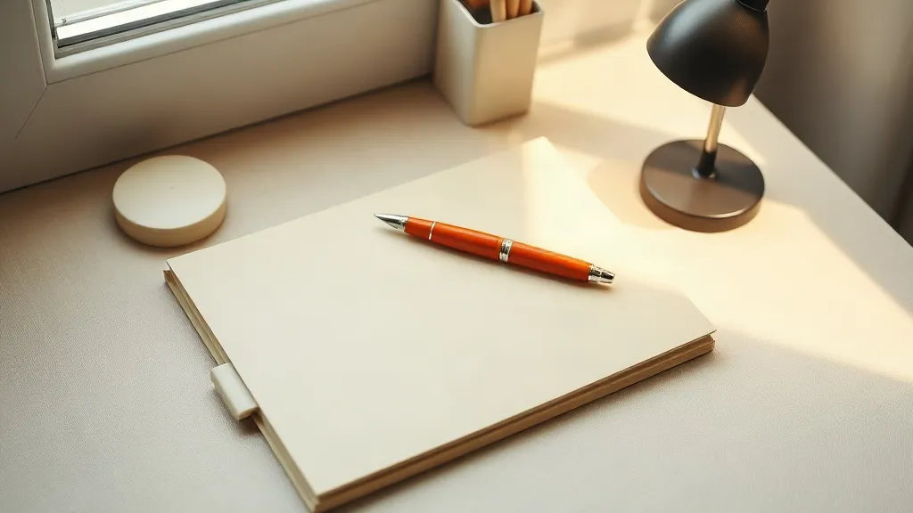 A closed folder with a burnt orange fountain pen resting on top, beside a small desk lamp on a linen surface.