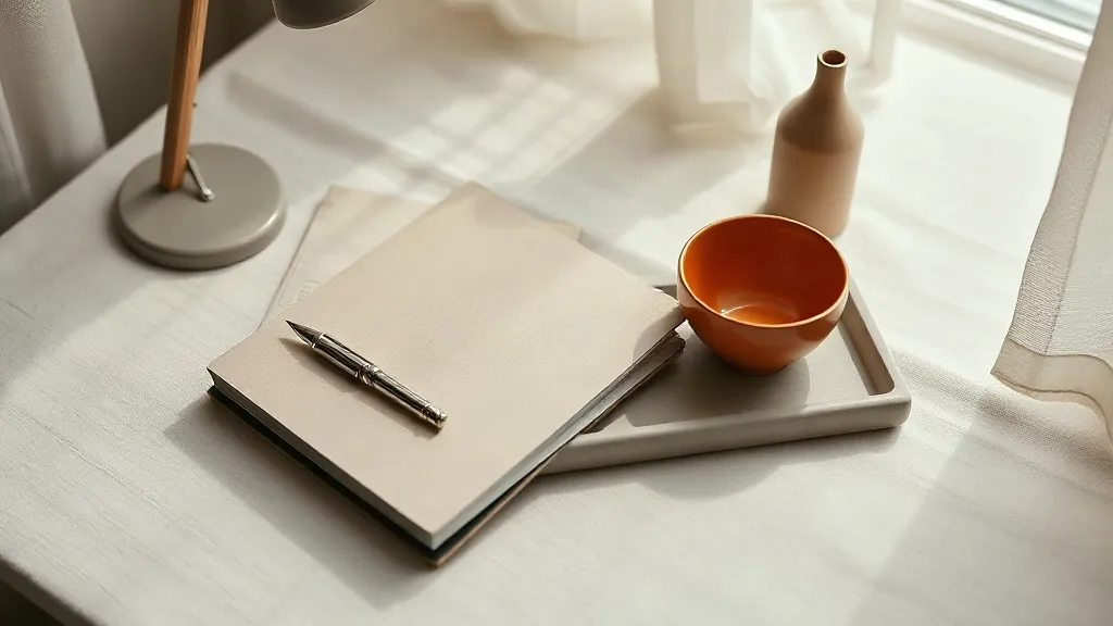 A closed folder with a fountain pen resting on it beside a small desk lamp and a ceramic tray holding a burnt orange bowl on a linen surface.