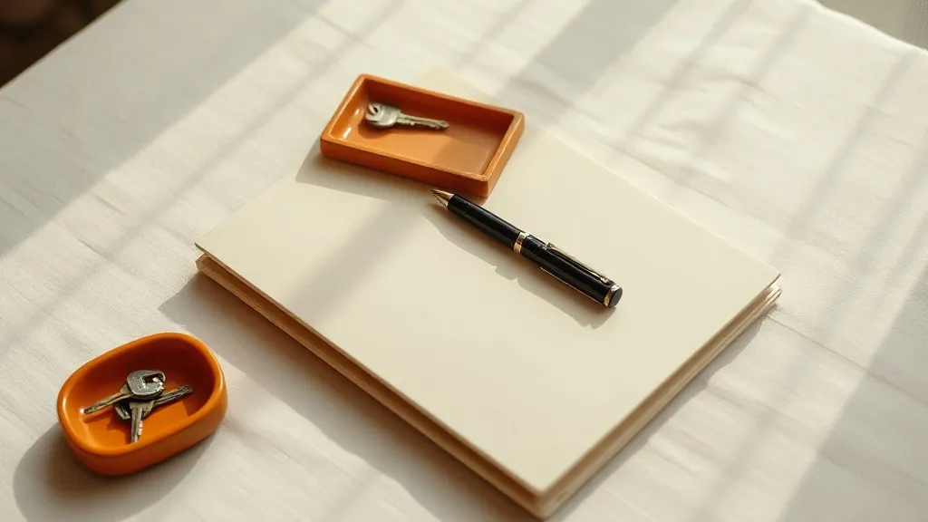 A closed unmarked folder with a fountain pen resting on top, beside a small ceramic tray and a bundle of keys.