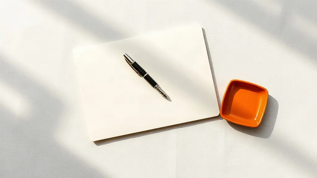 A closed folder with a plain fountain pen resting on top, beside a small burnt orange ceramic tray.