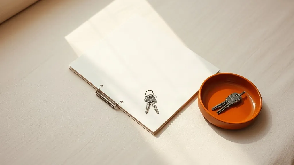 A closed folder and a set of keys on a linen surface beside a burnt orange ceramic tray.