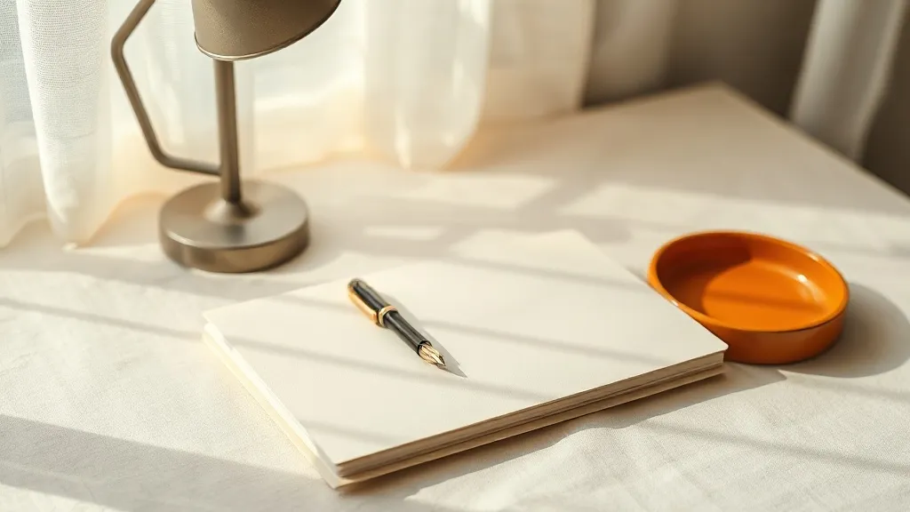 A closed unmarked folder with a fountain pen resting on top, beside a small ceramic tray and a desk lamp.