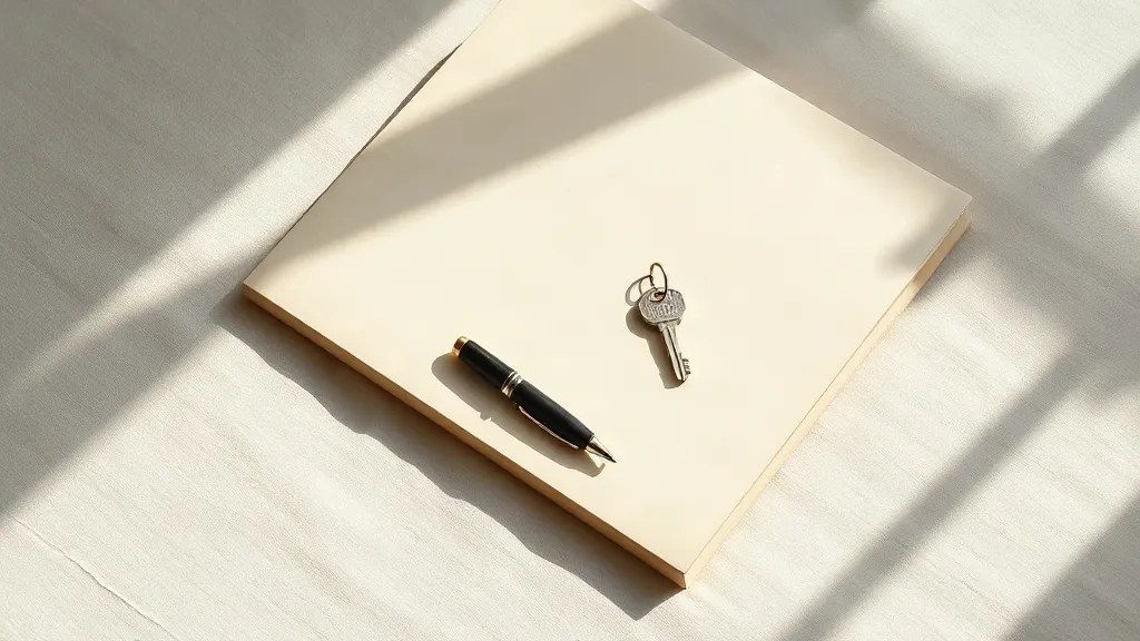 A closed unmarked folder and a fountain pen rest beside a single key on a small ceramic tray.