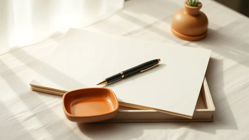 A closed folder and a fountain pen beside a small burnt orange ceramic tray on a linen surface.