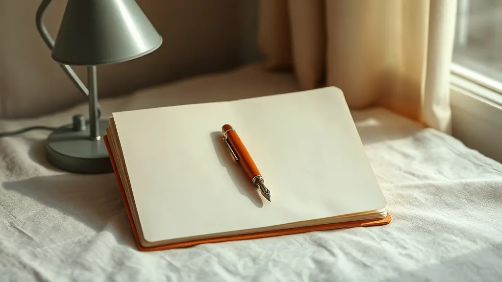 A closed folder with a fountain pen resting across it beside a small desk lamp.