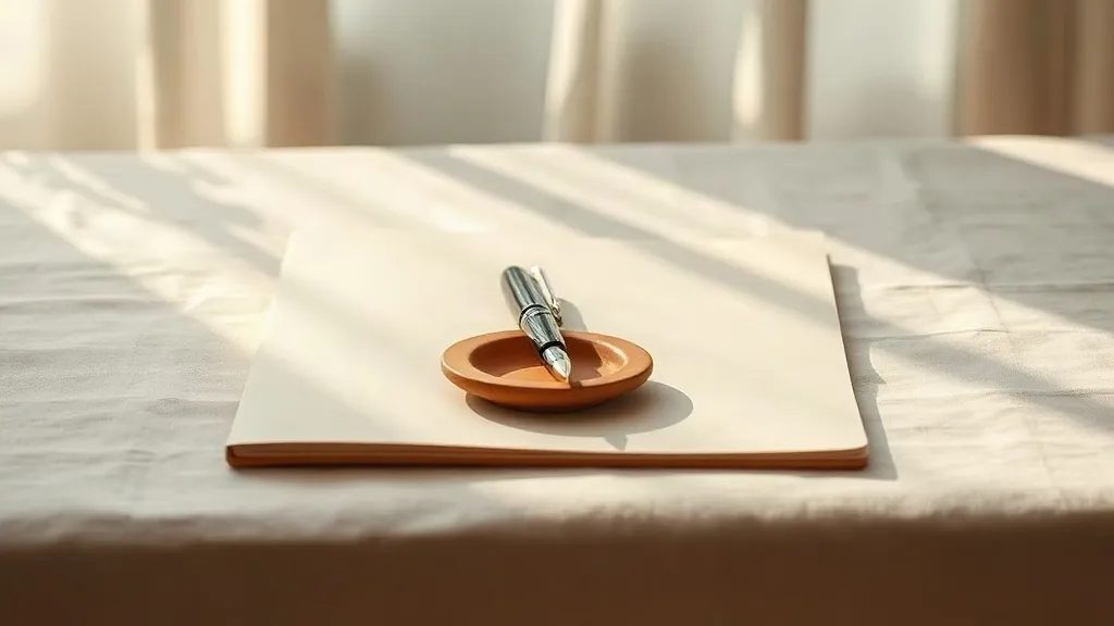 A closed folder with a fountain pen resting on it, beside a small ceramic tray on a linen surface.