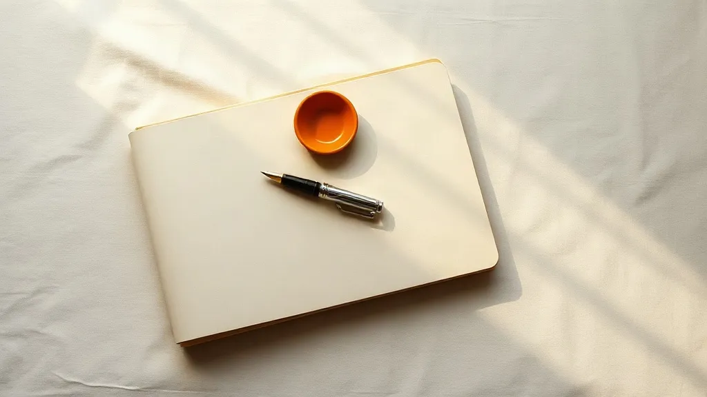 A photograph of a closed folder with a fountain pen resting across it, a set of keys and a small burnt orange ceramic tray on a linen surface.