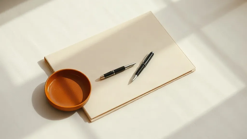 A closed folder with a fountain pen resting on top, beside a small orange ceramic tray on a linen surface.