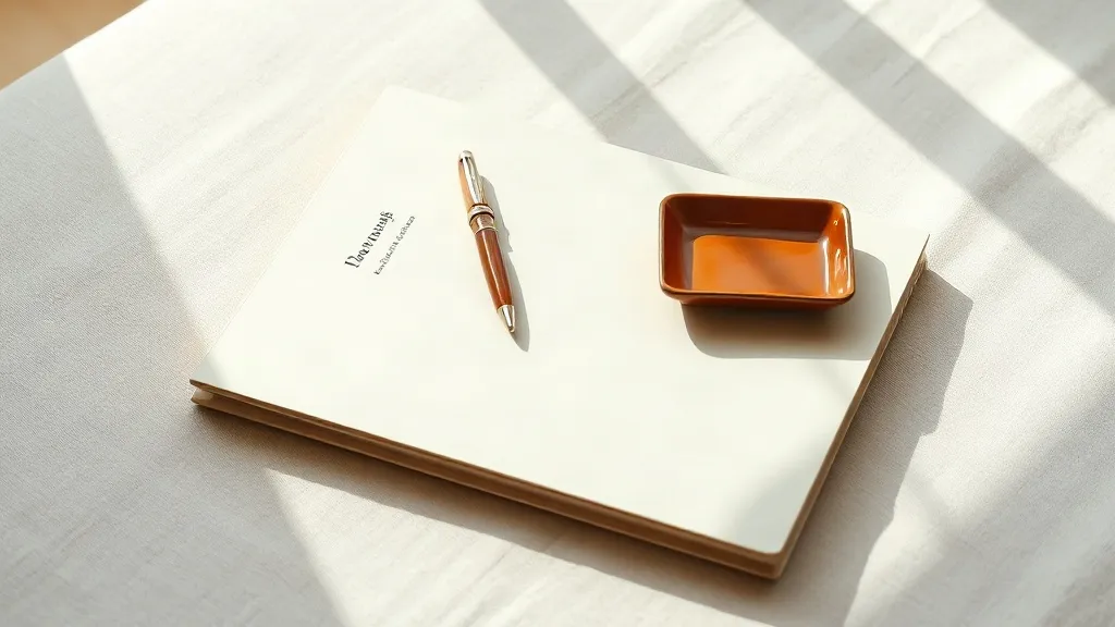 A closed folder with a plain fountain pen resting on top, beside a small burnt orange ceramic tray.