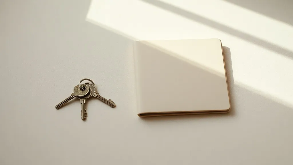 A set of keys and a closed unmarked folder beside a small burnt orange ceramic tray on a warm linen surface.