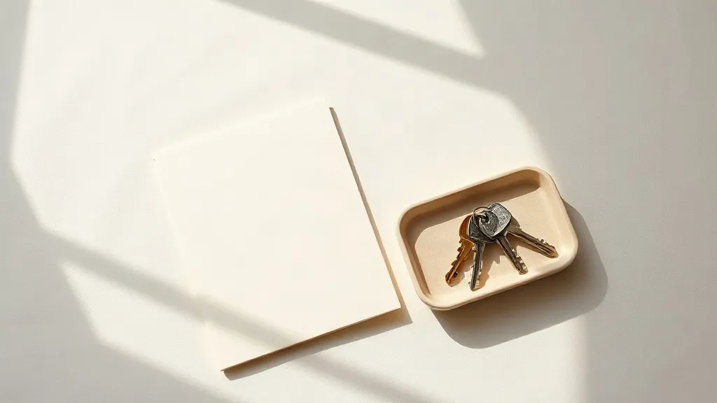 A closed folder beside a small ceramic tray holding a set of keys.
