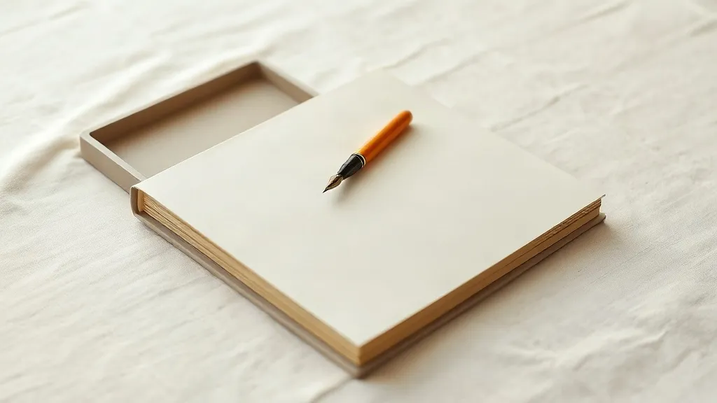 A closed folder with a fountain pen resting on top beside a small ceramic tray.