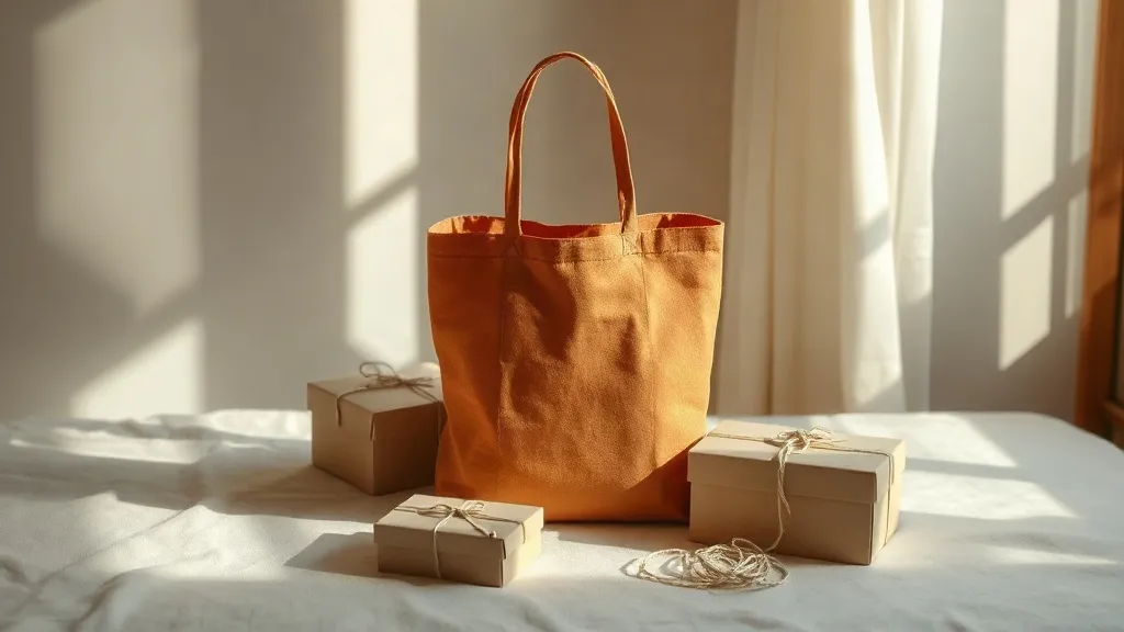 A plain fabric tote bag beside two stacked boxes and a loose coil of cotton string on a linen surface.
