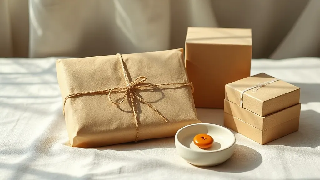 A kraft paper parcel tied with cotton string beside a stack of plain boxes and a ceramic dish holding one button.