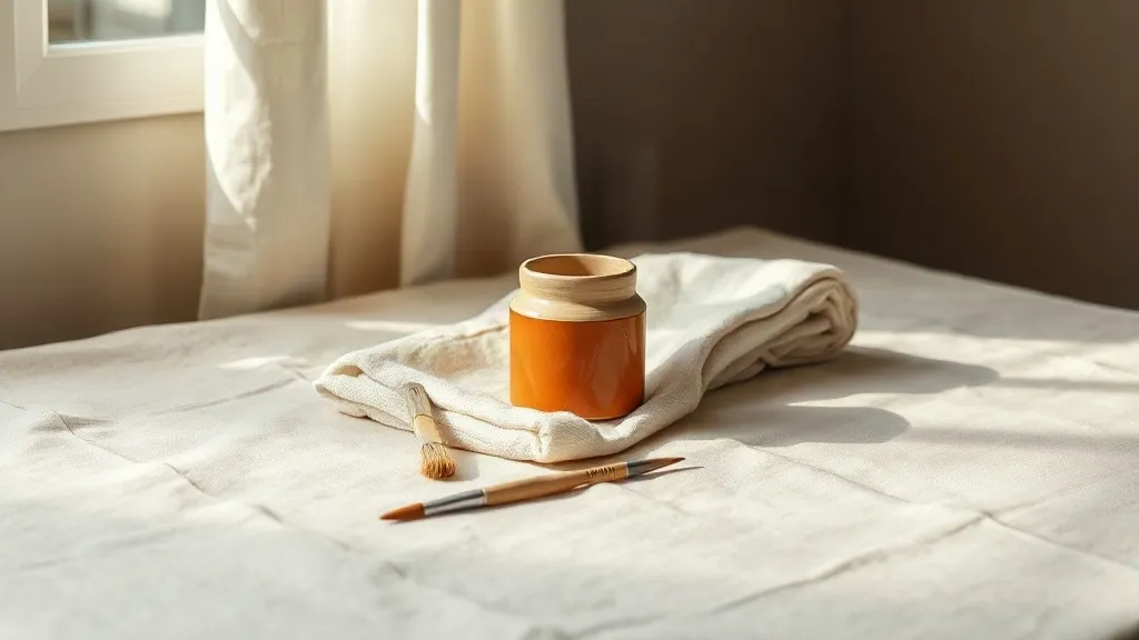 A set of paint brushes resting on a folded drop cloth beside a burnt orange ceramic jar on a linen surface.
