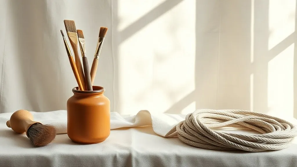 A few paint brushes standing in a burnt orange ceramic jar, beside a folded canvas drop cloth and a coiled length of cable on a warm linen surface.