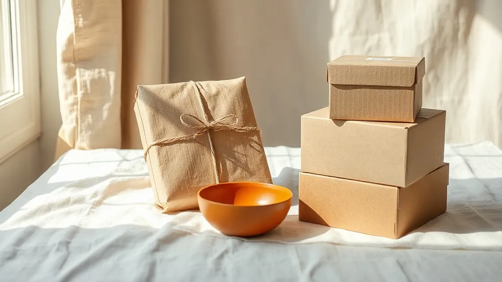 A kraft paper parcel tied with string, stacked plain cardboard boxes and a small burnt orange ceramic dish on a warm linen surface.
