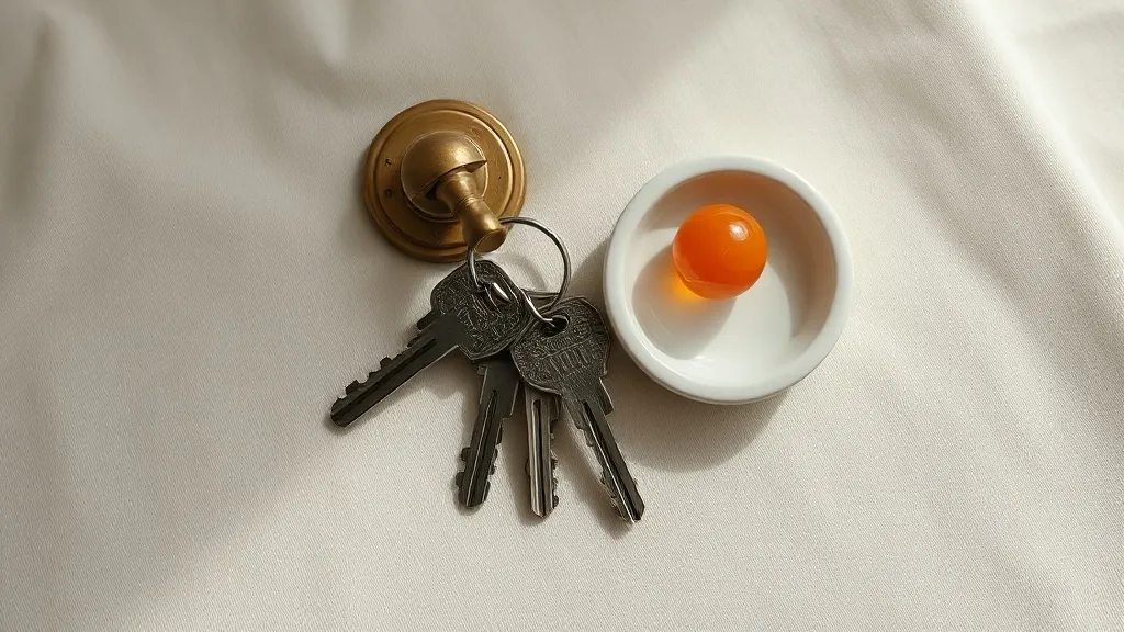 A set of keys on a ring beside a brass door handle and a small ceramic tray holding one marble.