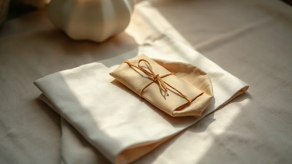 A small kraft paper parcel tied with cotton string beside a plain ceramic dish on a linen surface.