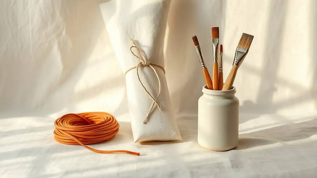 A coiled cable, a tied canvas tool roll and a ceramic jar holding two paint brushes on a linen surface.