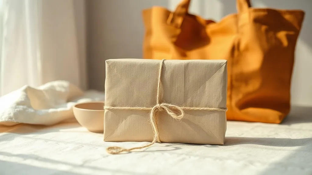 A plain kraft paper parcel tied with cotton string, resting beside a small ceramic dish and a fabric tote.