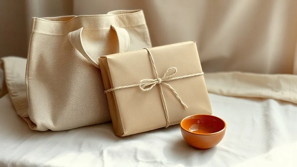 A plain kraft paper parcel tied with string, resting beside a folded fabric tote bag and a small ceramic dish.
