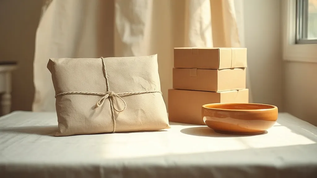 A kraft paper parcel tied with string beside stacked plain boxes and a burnt orange ceramic dish.