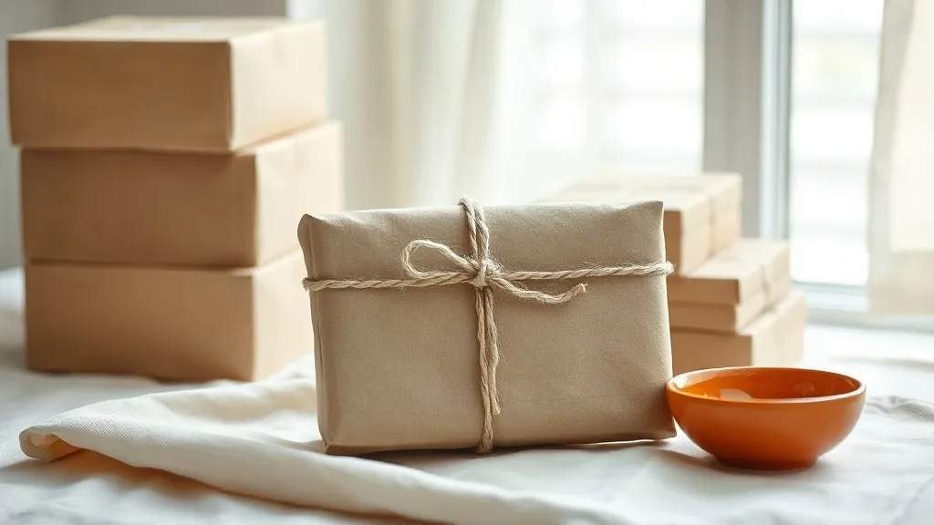 A plain kraft paper parcel tied with string, resting beside stacked unmarked boxes and a small ceramic dish.