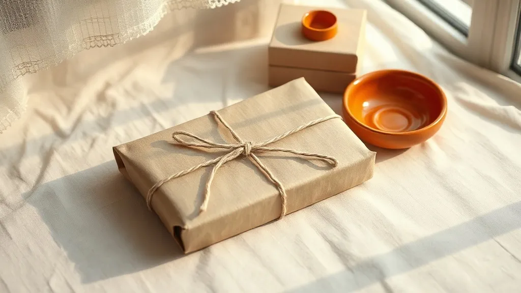 A plain kraft paper parcel tied with string, resting beside a small stack of unmarked boxes and a ceramic dish.
