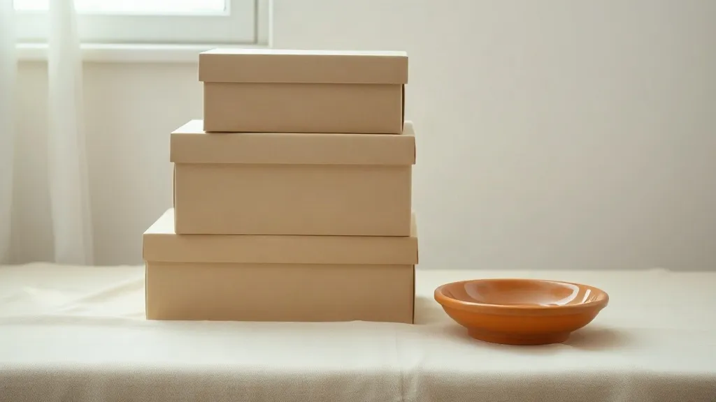 Stacked unmarked boxes on a linen surface beside a burnt orange ceramic dish.