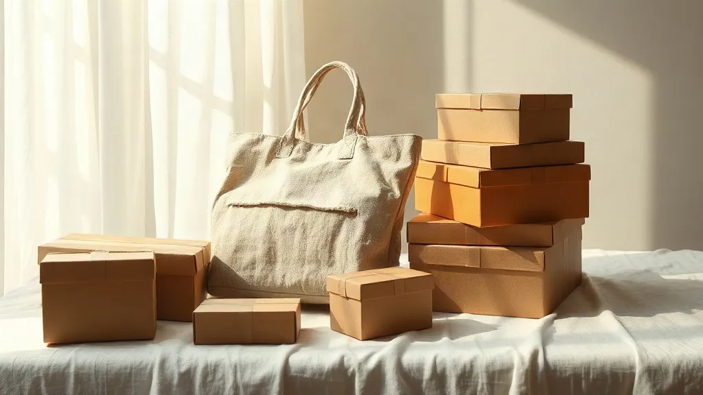 A plain fabric tote rests beside a small stack of unmarked boxes on a linen surface.