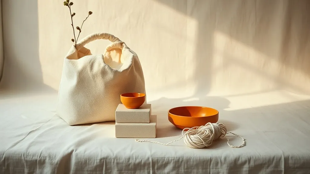 A plain fabric tote bag beside a small stack of unmarked boxes, a ceramic dish and a coil of string.