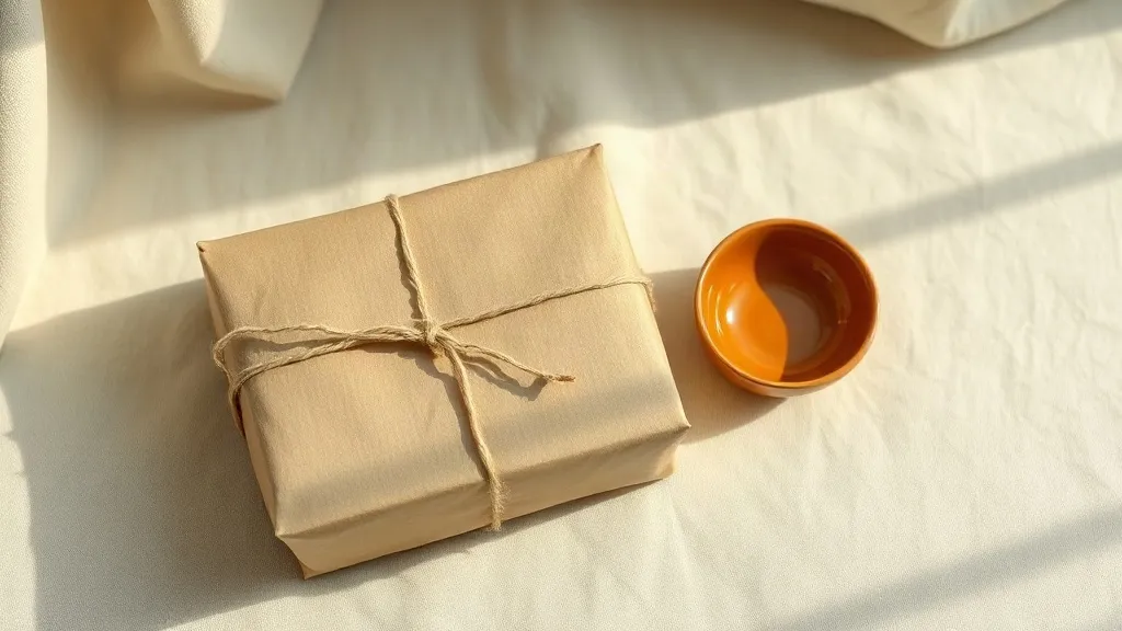 A plain kraft parcel tied with cotton string beside a small ceramic dish glazed in burnt orange.